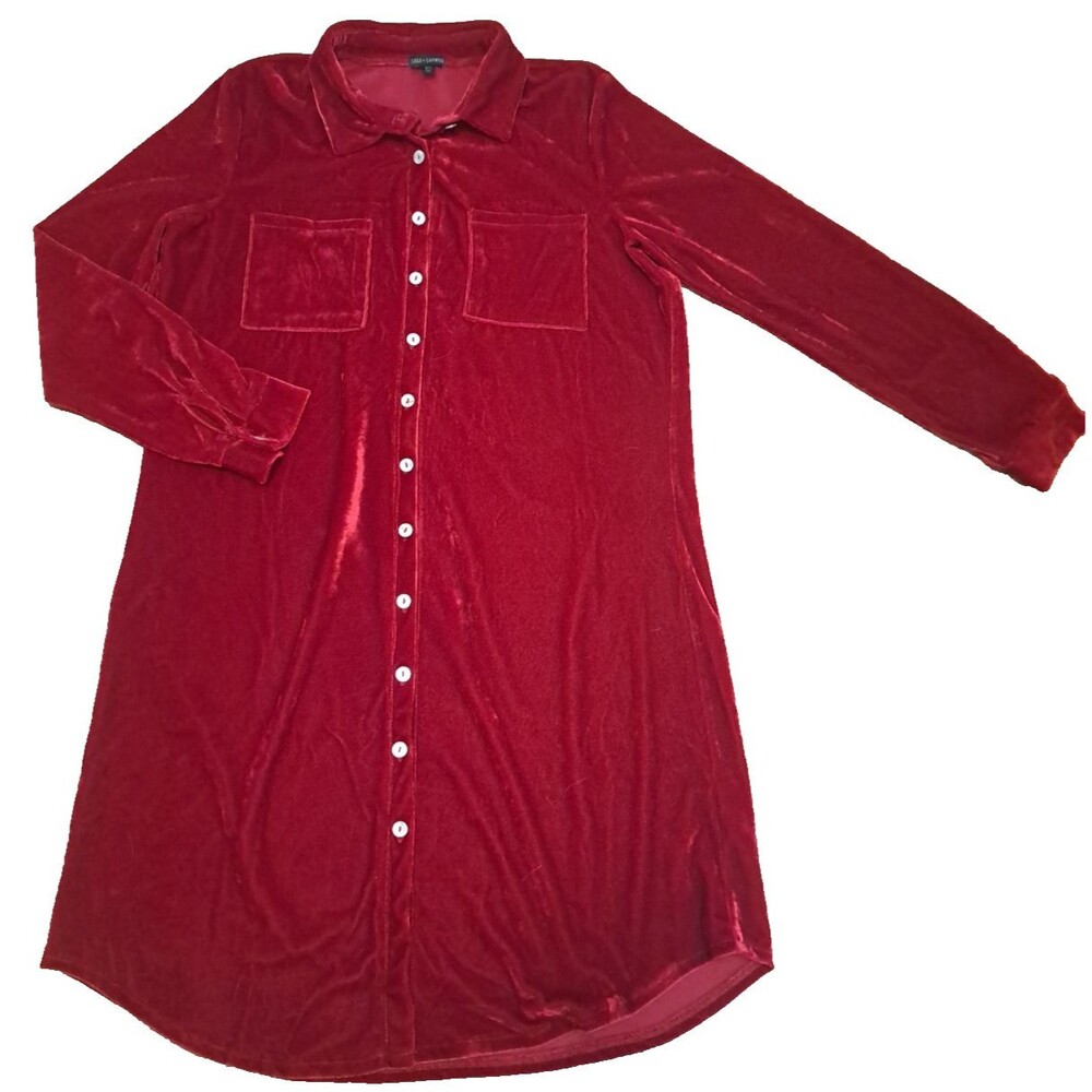 Red Velvet Shirt Dress Midi Coco + Carmen Button Down Boho Long Sleeve S / M